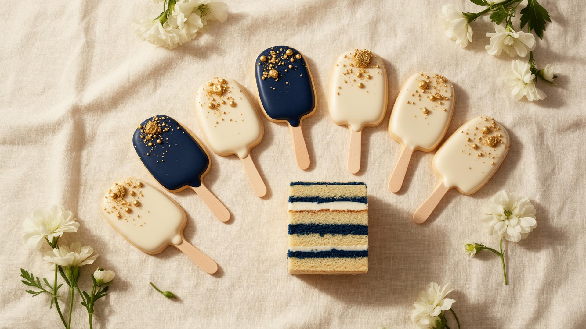 Hand-decorated cakecicles and a layered cake on a cream linen background